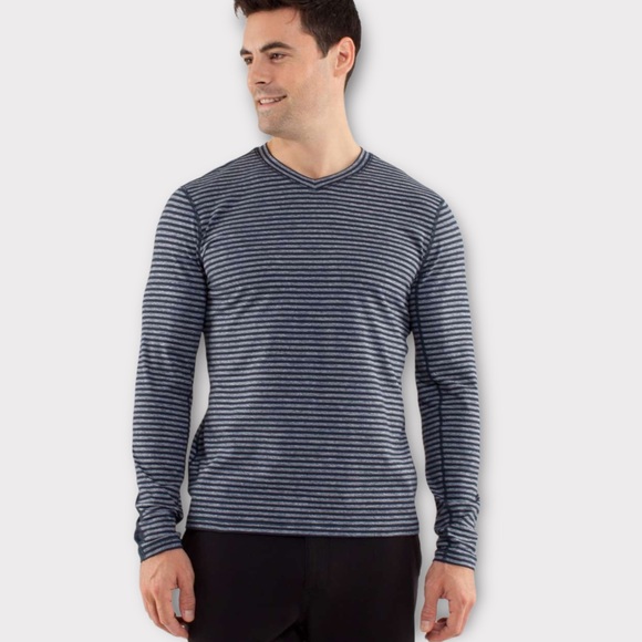 Lululemon Men’s Speed Long Sleeve Shirt Classic Stripe Heathered Black Iris Blue - Picture 4 of 14